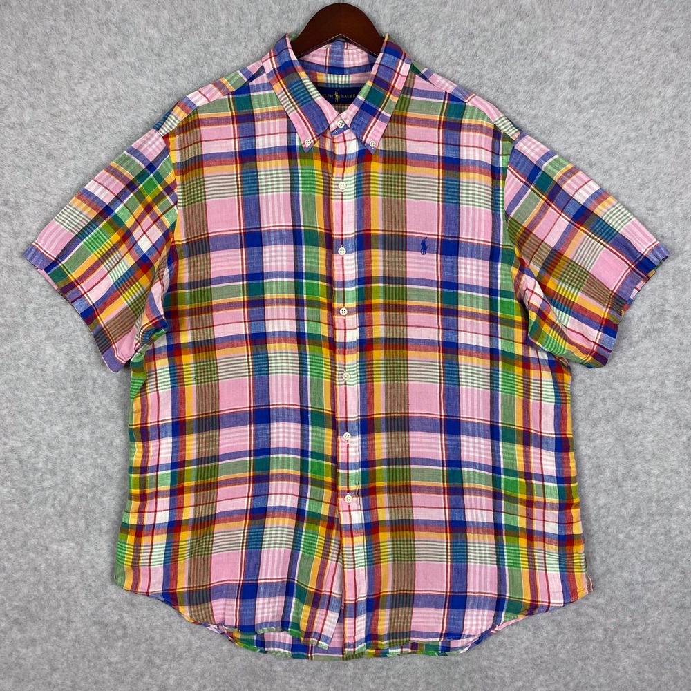 Ralph Lauren Shirt Mens XXL Multicolor Plaid Linen Short Sleeve Button Down 2XL